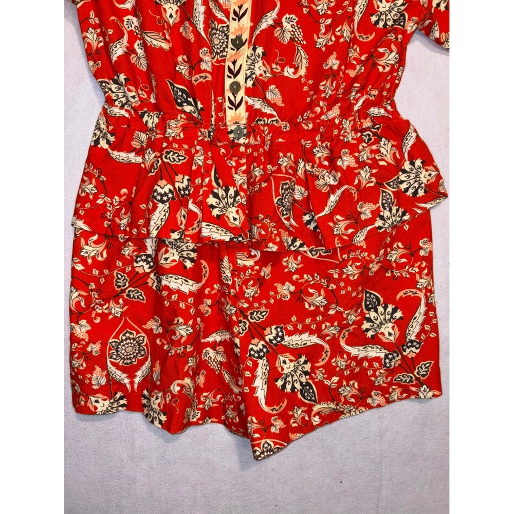 Farm Rio Anthropologie Long Sleeve  Romper Red Orange Floral Cotton $228 NWT - Picture 11 of 14